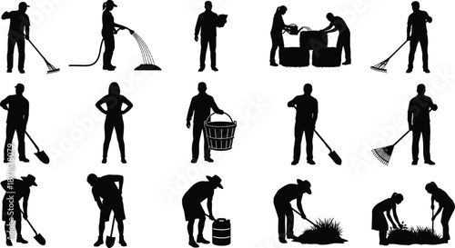 Gardening and farm worker silhouette set vector illustration, people performing outdoor labor tasks, agriculture, landscaping, yard work, tools, isolated black figures