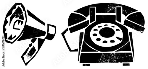 Vintage Telephone and Megaphone Communication Symbols in Stylized Black and White
