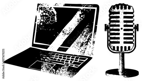 Vintage Microphone and Laptop for Podcasting Setup