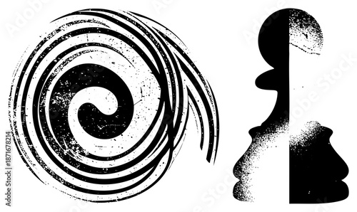 Abstract Spiral and Chess Piece Silhouette in Grunge Style