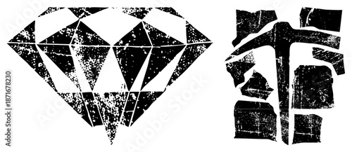 Vintage Style Diamond and Chinese Character Glyph Logos with Distressed Texture