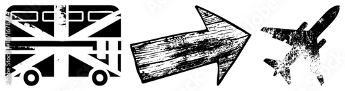 British Bus, Wooden Arrow, and Airplane Travel in Grunge Style