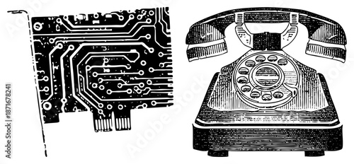 Vintage Rotary Telephone and Circuit Board Vector Illustration