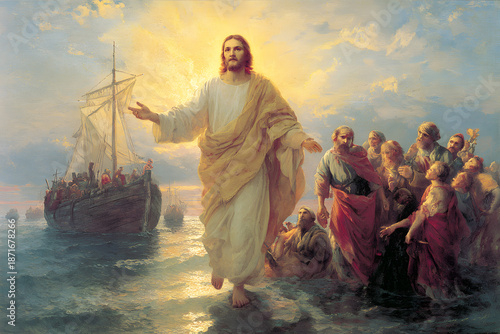 Jesus walks on water towards the disciples in a boat surrounded by people during a sunny day at sea