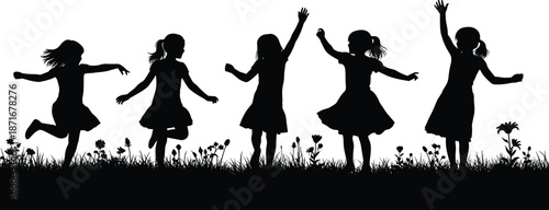 Girls dancing silhouettes outdoors, joyful children jumping and playing in nature grass field, carefree childhood moments, isolated black vector illustration on white background happiness concept