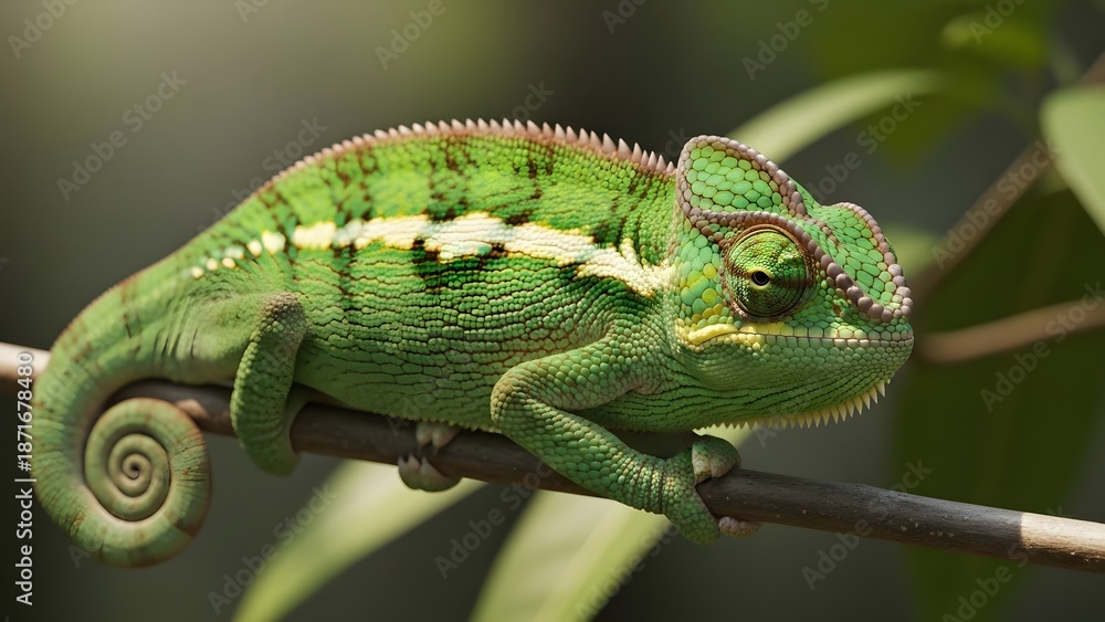 Fototapeta premium Vibrant green chameleon perched on branch in natural habitat
