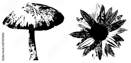 Grunge Styled Mushroom and Sunflower Silhouettes with Textured