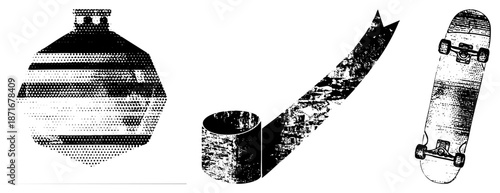 Halftone Skateboard, Tape, and Bottle Vector in Black and White
