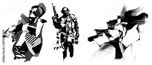 Stylized Halftone Soldiers and Abstract Warrior Silhouettes