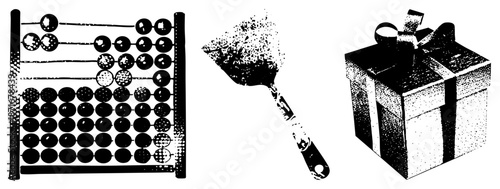 Vintage Abacus, Spatula with Flour Dust, Gift Box with Ribbon Vector Set
