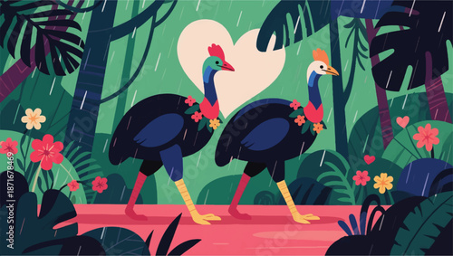 Illustration Of Two Cassowaries Walking Side By Side In The Rainforest, A Natural Accessory Of Tropical Flowers Vector Design Template