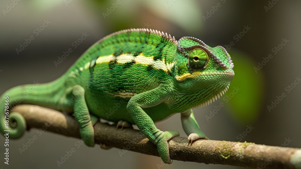 Obraz premium Vibrant green chameleon perched on branch with blurred background