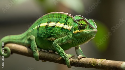 Wallpaper Mural Vibrant green chameleon perched on branch with blurred background Torontodigital.ca