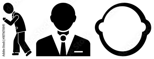 Three Black Silhouetted Walking Person, Businessman, and Circular Frame