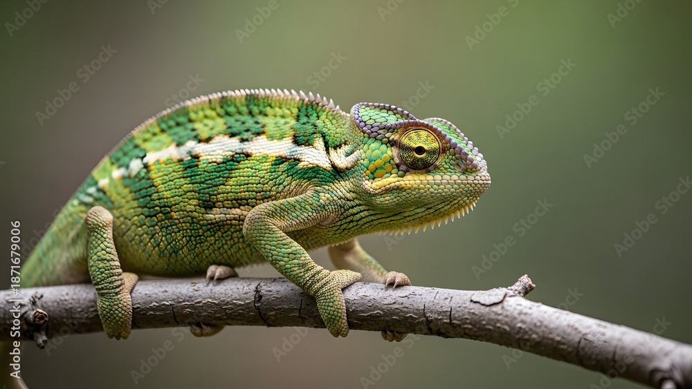 Obraz premium Vibrant green chameleon perched on tree branch in natural setting