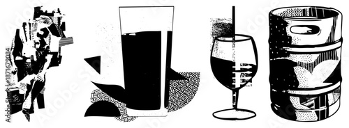 Abstract Collage of Beverage Containers and Glassware in Halftone Style