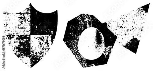 Grunge Textured Shield and Hex Nut Vector with Distressed Effects
