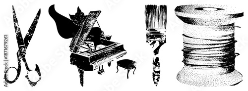 Vintage Artistic Tools Scissors, Piano, Paintbrush, and Thread Spool Silhouettes