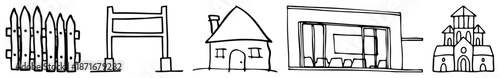 Simple Art of Fence, Sign, House, Store, and Church