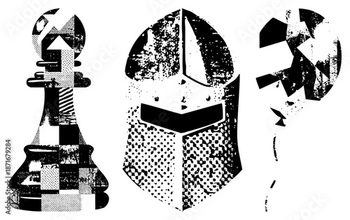 Vintage Chess Piece and Knight Helmet with Halftone Texture