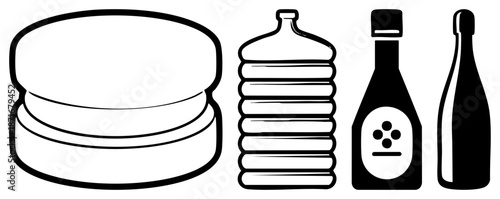 Four Kitchen Essentials Sandwich, Water Bottle, Sauce Bottle, Wine Bottle