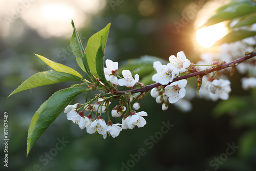 Cherry blossom branch with white flowers in evening light near a park