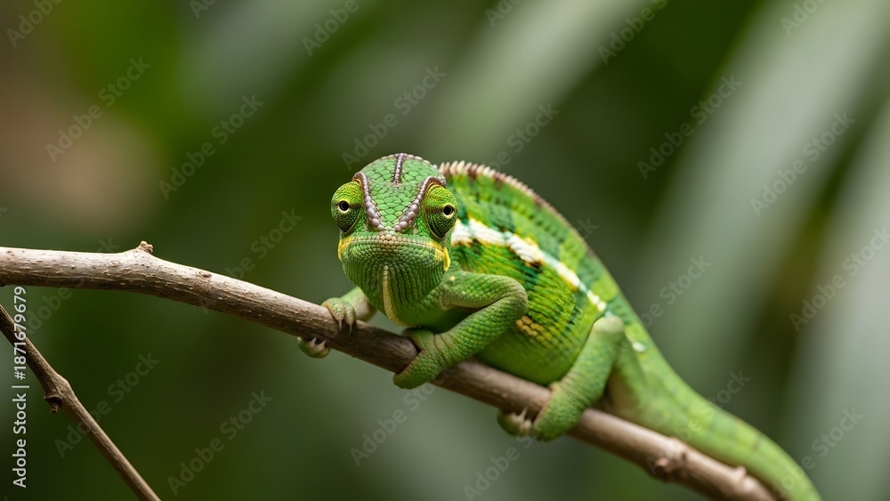 Fototapeta premium Vibrant green chameleon perched on branch in natural habitat