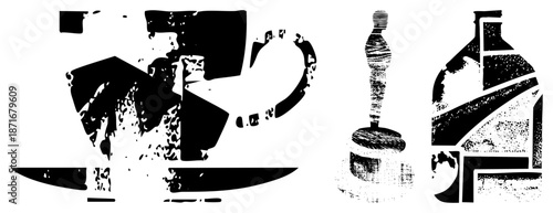 Stylized Black and White Graphic of Coffee Cup, Statue, and Bottle