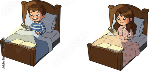 Children reading books, bedtime illustration, kids with flashlights, cozy night story, cute cartoon art, childhood imagination, bedtime learning, children’s decor