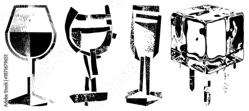 Abstract Wine Glass and Ice Cube Set in Halftone Vector Style