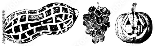 Halloween Pumpkin, Peanut, and Grape Vector in Halftone Style