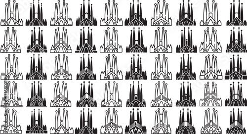 Sacred architecture facades and towers in various line art styles and shading  cathedral spires and steeples