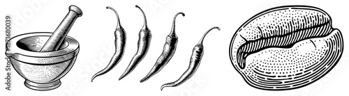 Vintage Herbal Grinder and Chili Peppers with Coffee Bean Section