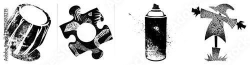 Abstract Halftone Drum, Puzzle Gear, Spray Can, and Silhouettes