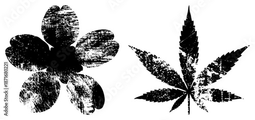 Grunge Textured Cherry Blossom and Leaf Silhouettes