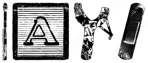 Vintage Wooden Alphabet Block, Slingshot, and Bandage in Grunge Vector Style