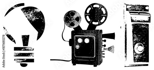 Vintage Film Projector, Lightbulb, and Camera in Halftone Vector Style