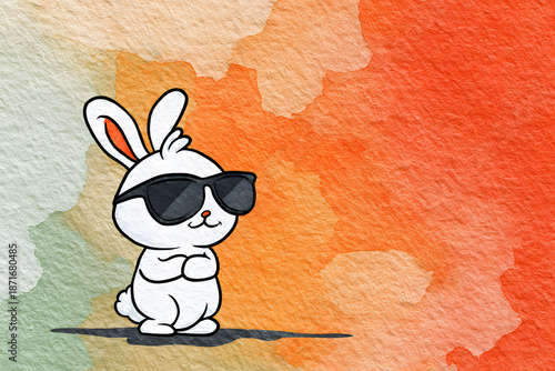 Cute rabbit wearing sunglasses stands on a colorful background with soft colors and no clear focus on objects around