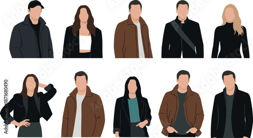 Title: Stylish diverse group of people in warm casual jackets and coats standing together in a flat vector illustration.
