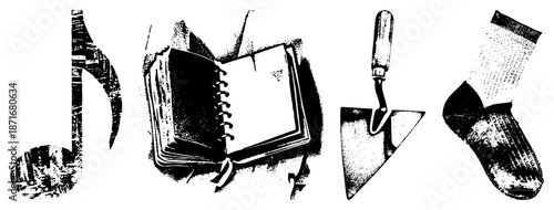 Four Symbols Representing Music, Writing, Gardening, and Footwear in Halftone Style