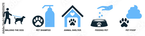 Set of veterinary and pet care icon vector for animal clinics. Ideal for grooming, medical tools, food supplies, toys, and general pet service symbols.