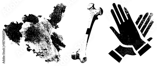 Abstract Halftone Bone, Ink Splatter, and Hands Vector