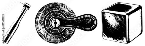 Vintage Key and Lock Mechanism with Ice Cube Vector Set