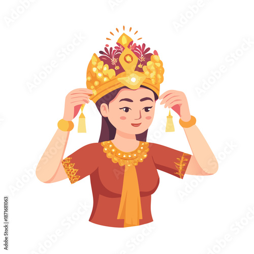 A beautifully adorned Javanese woman in traditional costume adjusts her elaborate golden headpiece, preparing for a cultural performance or ceremony.
