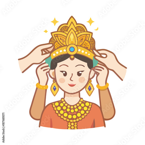 A beautifully adorned Javanese woman in traditional costume adjusts her elaborate golden headpiece, preparing for a cultural performance or ceremony.
