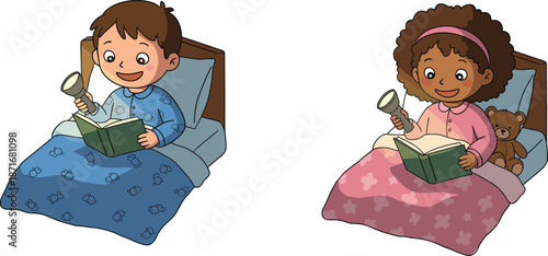 Children reading books, bedtime illustration, kids with flashlights, cozy night story, cute cartoon art, childhood imagination, bedtime learning, children’s decor