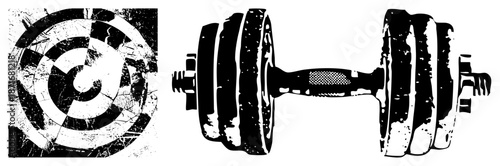 Grunge Target and Dumbbell Vector Illustration Set