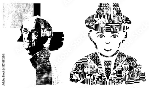 Abstract Halftone Portrait Duo with Geometric Textures