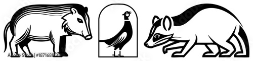 Stylized Badger, Pheasant, and Wild Boar Animal Silhouettes in Bold Art