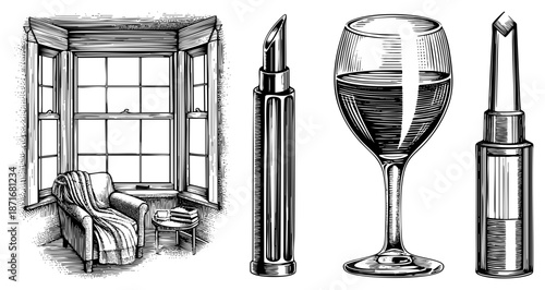 Vintage Window Seat with Armchair, Books, and Coffee Cup